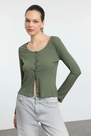 Trendyol Khaki More Sustainable Body-Smooth Buttoned Long Sleeve Ribbed Flexible Knit Blouse