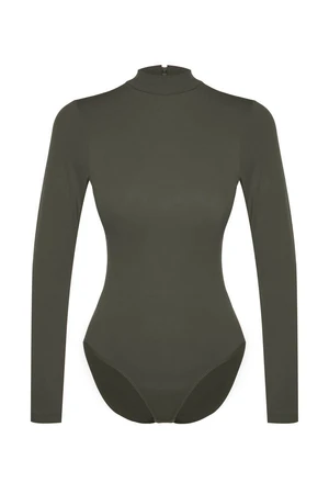 Trendyol Khaki Cotton Turtleneck Long Sleeve Snap Knit Bodysuit