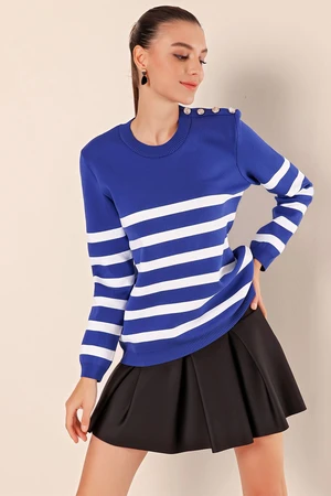 Bigdart 15820 Button Detail Striped Sweater - Sax