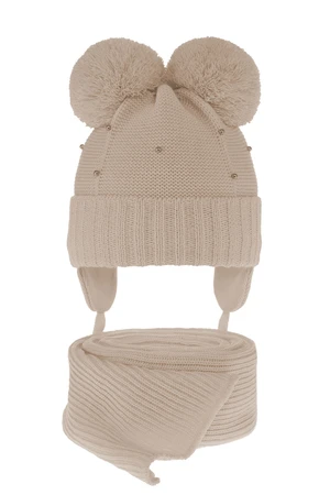 AGBO Girl's winter set: hat and scarf beige Fibien with two pompom