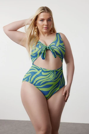 Trendyol Curve Blue-Green Tie Detailed Floral Patterned Swimsuit