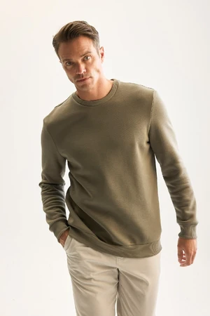 DEFACTO Khaki 3 Thread Cotton Raised Polar Fleece Regular Fit Crew Neck Thick Sweatshirt