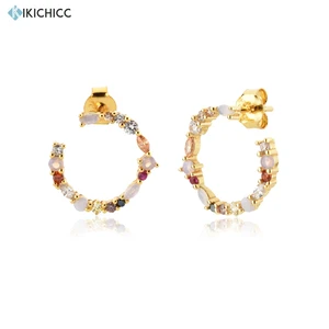 KIKICHIC 925 Sterling Silver Gold Rainbow Circle Stud Earring Piercing Women Rainbow CZ Jewelry Fine Crystal Colorful Wedding