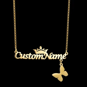 Custom Name Necklace With Crown Butterfly Stainless Steel Personalized Jewelry For Women Girls Trendy New Birthday Gifts