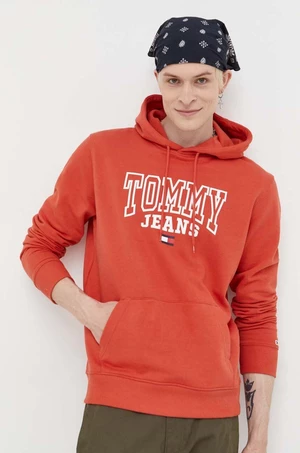 Bavlněná mikina Tommy Jeans pánská, oranžová barva, s kapucí, s potiskem