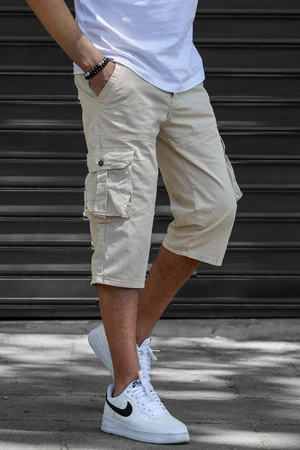 Madmext Beige Gabardine Cargo Men's Capri Shorts with Pocket 5754