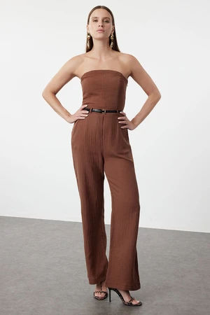 Trendyol Brown Strapless Collar Linen Look Jumpsuit