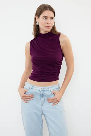 Trendyol Plum Zero Sleeve Gathered Fitted / Body-Sitting Stretchy Knitted Blouse