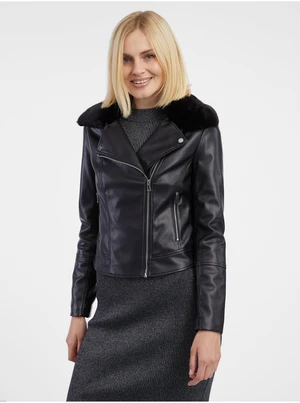 Orsay Black Leatherette Jacket with Faux Fur - Women