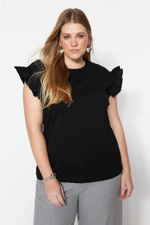 Trendyol Curve Black Crew Neck Ruffle Sleeves 100% Cotton Knitted T-Shirt