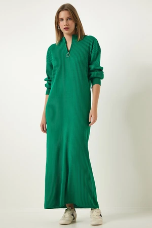 Happiness İstanbul Women's Green Zipper Collar Ribbed Long Knitwear Dress