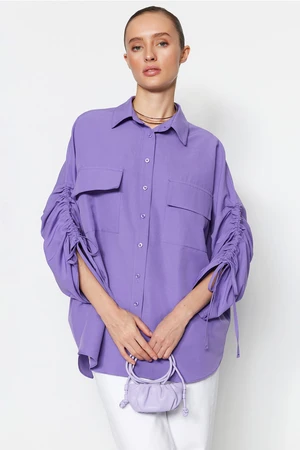 Trendyol Purple Adjustable Shirring Sleeves, Woven Cotton Shirts