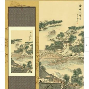 Home/Office Decoration Chinese Silk Scroll Painting Qingming Shang He Tu Ink Painting S062