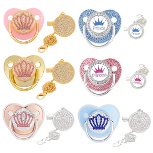 Bling Crown Pacifier with Pacifiers Chain Clip BPA Free Silicone Infant Nipple Dummy Soother New born Baby Boys Girls Gift 0-24M