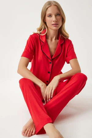 Happiness İstanbul Women's Red Piping Detailed Shirt Trousers Pajama Set