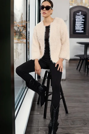 Trendyol Beige Furry Coat-Looking Knitwear Cardigan