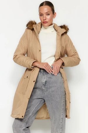 Trendyol Beige Shearling vodoodpudivý dlouhý kabát s kapucí