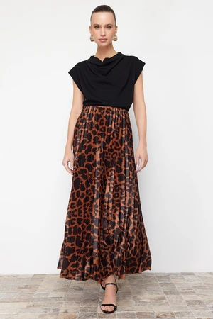 Trendyol Brown Pleated Leopard Printed Stretch Knit Skirt