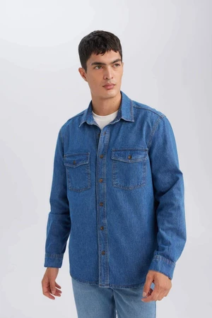 DEFACTO Regular Fit Regular Cut Polo Collar Jean Long Sleeve Basic Shirt