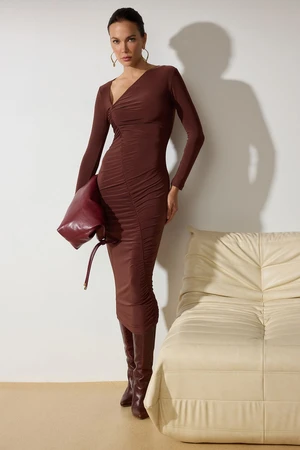 Trendyol Brown Body-Sit Collar Detail Draped Woven Dress