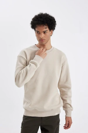 DEFACTO Beige Oversize Fit Wide Mold Crew Neck Thick Fabric Basic Plain Sweatshirt