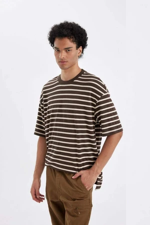 DEFACTO Men's Coffee Relaxed Cut Crew Neck Ecru Striped Heavy Fabric Short Sleeve T-Shirt