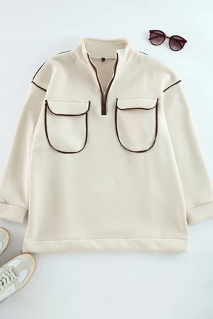 Trendyol Beige Zipper and Pocket Detailed Sweatshirt