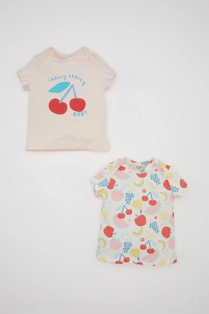 DEFACTO Baby Girl Newborn Envelope Collar Fruit Patterned Combed Cotton Short Sleeve 2-Pack Snap T-Shirt