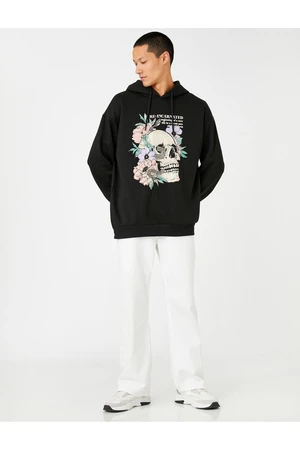 Koton Hooded Oversize Sweatshirt Raised Skull Printed