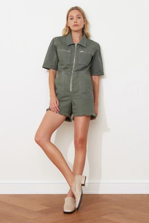 Trendyol Khaki Elastic Waist Denim Shorts Overalls