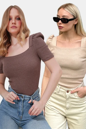 Trend Alaçatı Stili Women's Brown-Beige Square Collar 2-Pack Princess Sleeve Regular Fit Blouse