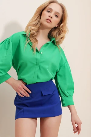 Trend Alaçatı Stili Women's Green Balloon Sleeve Basic Poplin Shirt