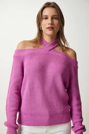 Happiness İstanbul Women's Lilac Open Shoulders Knitwear Sweater