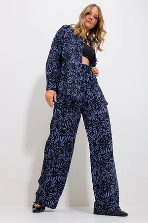 Trend Alaçatı Stili Women's Midnight Blue Patterned Shirt And Trousers Bottom Top Woven Suit