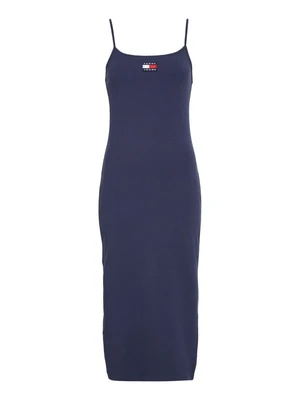 Tommy Jeans Šaty - TJW STRAPPY BADGE RIB MIDI DRESS modré