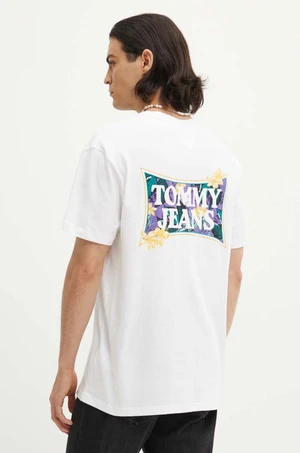 Bavlnené tričko Tommy Jeans pánske, biela farba, s potlačou, DM0DM18562