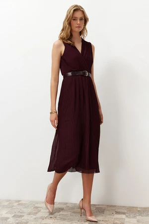 Trendyol Plum Pleated Double Breasted Collar Chiffon Lined Midi Woven Dress