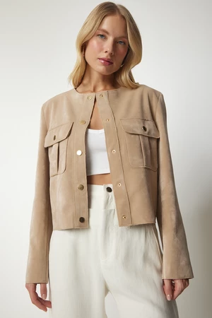 Happiness İstanbul Women's Beige Snap Closure Stylish Woven Jacket