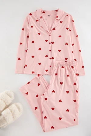 Trendyol Curve Pink Heart Shirt Collar Knitted Pajama Set