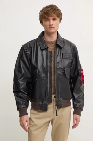 Kožená bunda Alpha Industries pánska, hnedá farba, prechodná, oversize, 100109