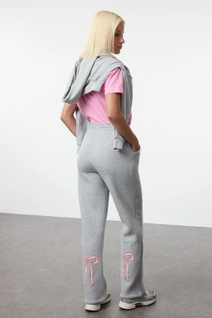 Trendyol Grey Melange Straight/Straight Leg Bow Printed Knitted Sweatpants