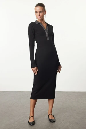 Trendyol Black Color Block Bodycone/Fits on Body Snap Detail Midi Knit Dress