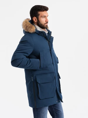 Ombre Men's long parka jacket with flared bottom - navy blue