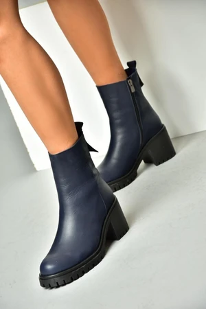 Fox Shoes Navy Blue Genuine Leather Women's Thick Heeled Boots