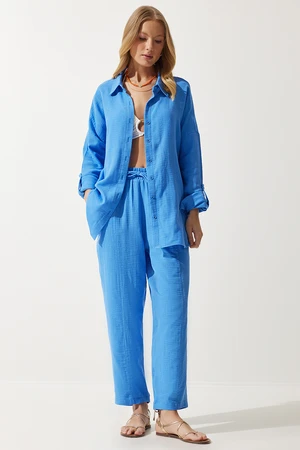 Happiness İstanbul Women's Sky Blue Oversize Muslin Shirt Pants Suit