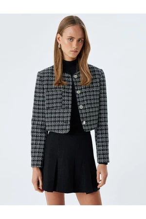 Koton Tweed Crop Jacket Round Neck Pocket Detail Buttoned Wool Blend