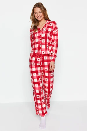 Trendyol Red Deer Printed Plaid Shirt-Pants Knitted Pajamas Set