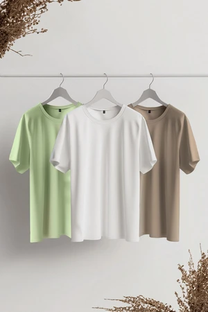 Trendyol Mink-Light Green-White Slim/Slim Cut Crew Neck 100% Cotton 3-Pack T-Shirt