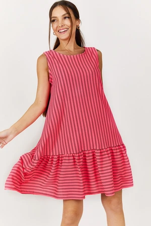 armonika Women's Neon Pink Striped Skirt Ruffled Sleeveless Dress