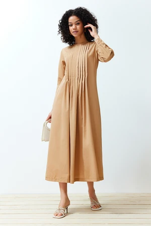 Trendyol Beige Pleated Detailed Comfort Woven Dress